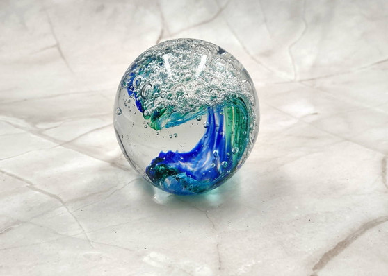 Hand Blown Glass Ocean Wave Ball Paperweight (1 ornament approx. 3.25 inches tall) Copyright 2025 SeaShellSupply.com.