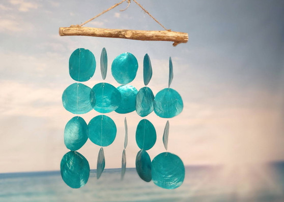 Turquoise Capiz Shell Flat Wind Chime (1 Chime approx. 13 x 16 inches) Turquoise Capiz Shell Flat Wind Chime for beachside home charm! Copyright 2025 SeaShellSupply.com.