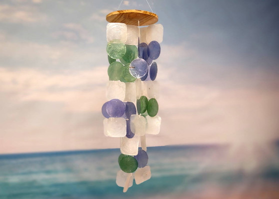 Blue Green White Capiz Shell Wind Chime (1 chime approx. 18 x 5 inches) Blue Green White Capiz Shell Wind Chime for coastal home decoration!