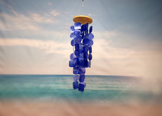 Blue Capiz Round Cut Seashell Wind Chime (1 chime approx. 18 x 5 inches) Round Dark Blue Capiz Shell Wind Chime for coastal home decoration!