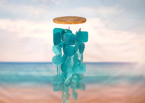 Turquoise Capiz Shell Wind Chime (1 Chime approx. 20 x 5.5 inches) Turquoise Capiz Wind Chime for beachside home charm! Copyright 2025 SeaShellSupply.com.