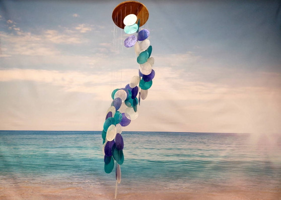 Spiral Blue Turquoise White Capiz Wind Chime (1 chime approx. 26 x 5.5 inches) Colorful Spiral Capiz Shell Chime for coastal home decor! Copyright 2025 SeaShellSupply.com.