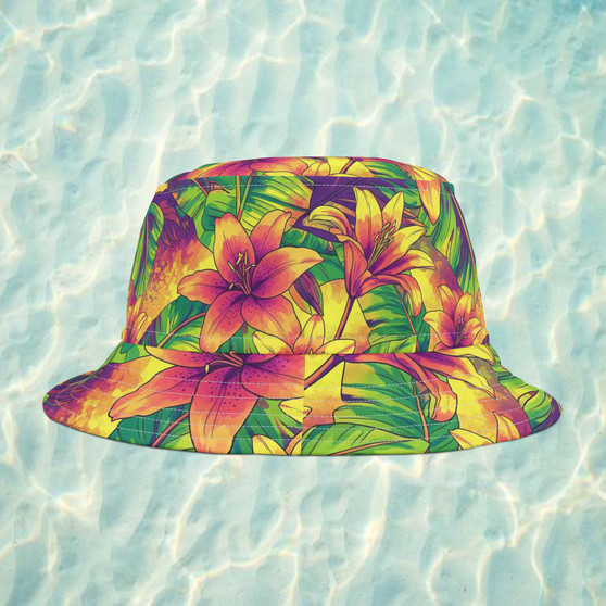 Green Yellow Orange Tropical Bucket Hat, Floral Summer Hat, Outdoor Hat, Vacation Accessory, Beachwear, Festival Gear _ Large Sizes Available