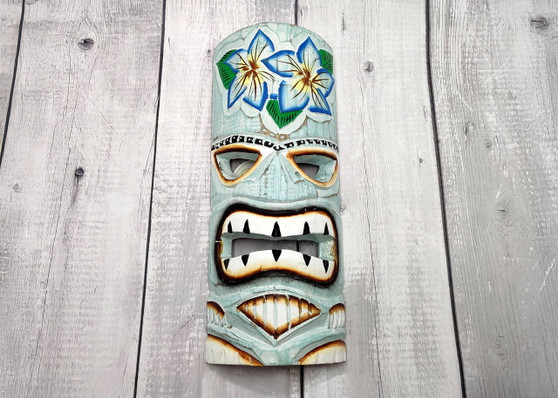 Tropical Flower Tiki Mask Large Painted Aqua (1 mask approx. 12 inch tall) Painted Wood Tiki Mask hanging surfside home decoration! Copyright 2025 SeaShellSupply.com.