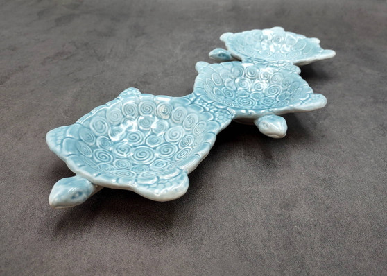 Sea Turtle Light Blue Connected Trio Plate (1 dish approx. 13.5+ inches wide) Light Aqua Sea Turtle Ceramic Dish for coastal table charm! Copyright 2025 SeaShellSupply.com.