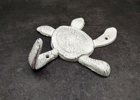 Cast Iron Antique White Sea Turtle Wall Hook (1 cast iron hook approx. 6+ inches) Functional Sea Turtle Wall Hanger for coastal home decor! Copyright 2025 SeaShellSupply.com.

