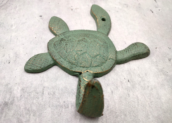 Cast Iron Green Patina Sea Turtle Wall Hook (1 cast iron hook approx. 6+ inches) Verdigris Sea Turtle Wall Hanger for coastal home decor! Copyright 2025 SeaShellSupply.com.