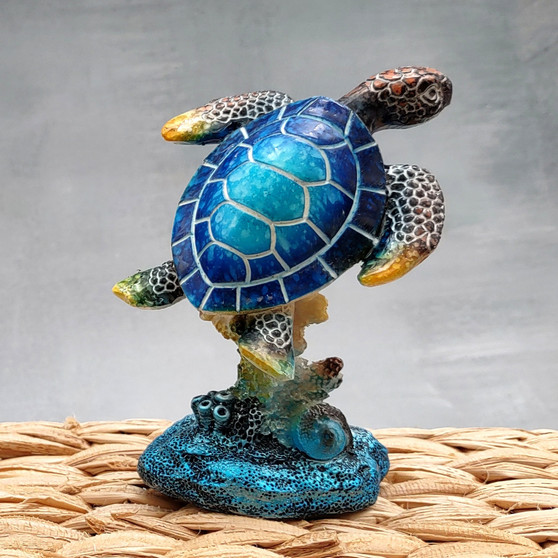 Blue Sea Turtle Figurine Painted Resin (1 figure approx. 3.5+ inches tall) Ocean Blue Sea Turtle for coastal home decor gifts & collecting! Copyright 2025 SeaShellSupply.com.
