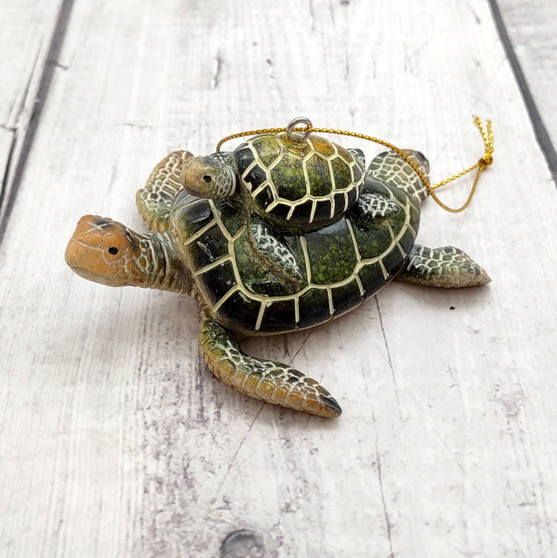 Green Mother Baby Sea Turtle Christmas Ornament Resin (1 turtle approx. 3.5+ inches) Green Resin Sea Turtle Pair Figure for holiday décor! Copyright 2025 SeaShellSupply.com.