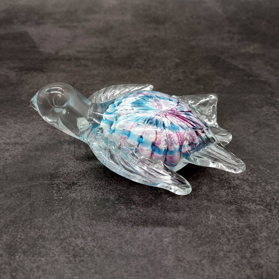 Pink Blue Sea Turtle Glass Figurine Swirl (1 turtle approx. 4+ inches long) Colorful Pink Blue Glass Sea Turtle for gifts & coastal décor! Copyright 2025 SeaShellSupply.com.