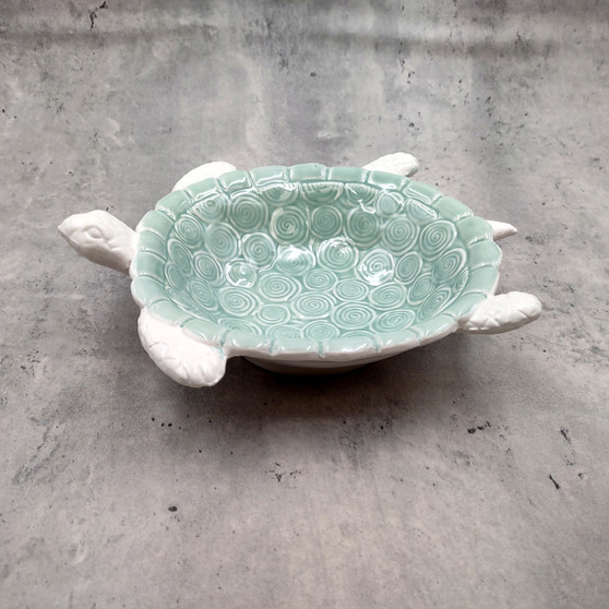 Sea Turtle Light Green White Bowl (1 dish approx. 7+ inches) Green White Sea Turtle Ceramic Dish for gifting jewelry trinkets & candy! Copyright 2025 SeaShellSupply.com.