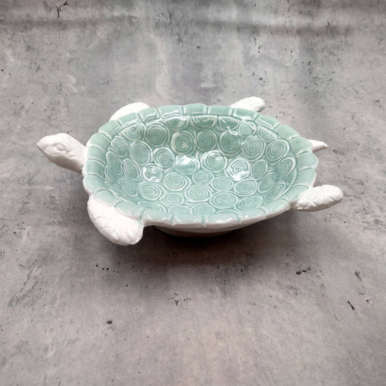 Sea Turtle Light Green White Bowl (1 dish approx. 7+ inches) Green White Sea Turtle Ceramic Dish for gifting jewelry trinkets & candy! Copyright 2025 SeaShellSupply.com.