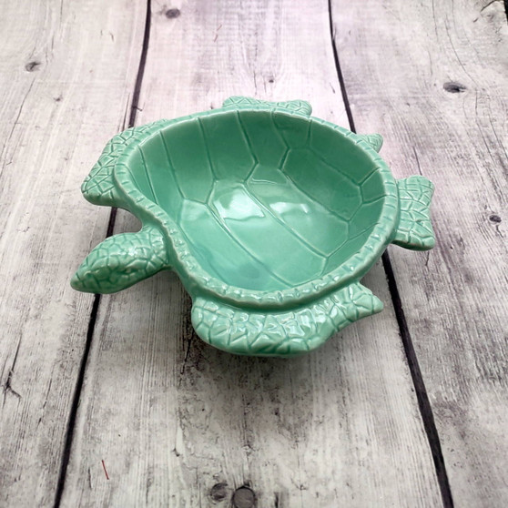 Sea Turtle Pastel Green Plate (1 dish approx. 6.75+ inches wide) Green Sea Turtle Ceramic Dish for coastal table charm display & kitchen accent Copyright 2025 SeaShellSupply.com.