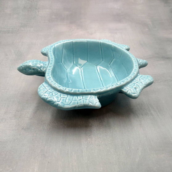 Sea Turtle Powder Blue Bowl (1 dish approx. 6.75+ inches) Blue Sea Turtle Ceramic Dish for gifting jewelry trinkets & candy! Copyright 2025 SeaShellSupply.com.