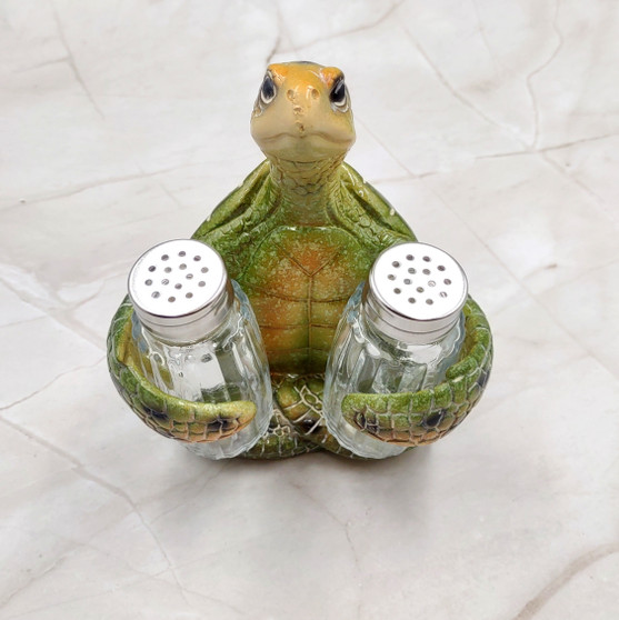 Green Sea Turtle Salt Pepper Shaker Holder Set (1 turtle approx. 5.5+ inches) Green Sea Turtle Spice Shaker Holder for kitchen or table! Copyright 2025 SeaShellSupply.com.