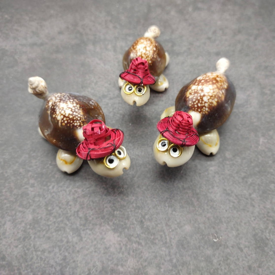 Cowrie Shell Sea Turtle Figurines Red Hat (3 figures approx. 2+ inches) Cute Cowrie Seashell Sea Turtles for gifts decor & display!