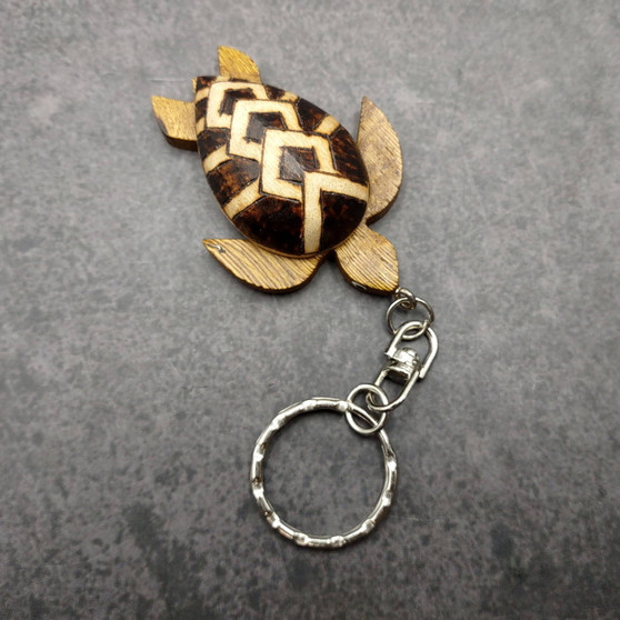 Natural Wood PIneapple Sea Turtle Keychain (1 key chain approx. 4+ inches) Wooden Pattern Sea Turtle Key Fob for gifts or decorative charm! Copyright 2025 SeaShellSupply.com.
