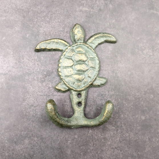 Cast Iron Sea Turtle Wall Hooks Green Gold Patina (1 metal hook approx. 4.75+ inches) Green Sea Turtle Double Wall Hook for coastal decor! Copyright 2025 SeaShellSupply.com.