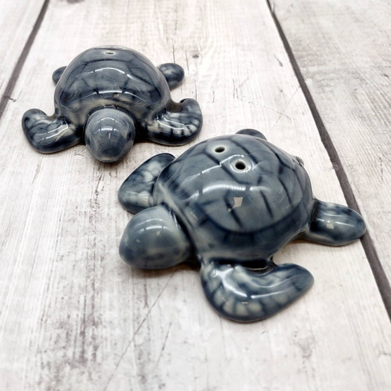 Sea Turtle Salt Pepper Shaker Set Dark Blue White (1 shaker set approx. 3 inches) Blue Sea Turtle Spice Shaker Set for kitchen or table!  Copyright 2025 SeaShellSupply.com.