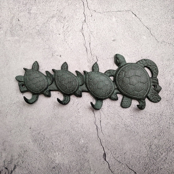 Sea Turtle Family Wall Hook Rack Cast Iron Green Patina (1 hook rack approx. 10 inches) Green Sea Turtle Hook Rack for coastal decor!  Copyright 2025 SeaShellSupply.com.