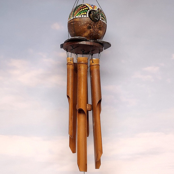 Painted Coconut Sea Turtle Bamboo Wind Chime Green Orange Dots (1 windchime approx. 38 x 6.5 inches) Hanging Turtle Chime for beachy home! Copyright 2026 SeaShellSupply.com.