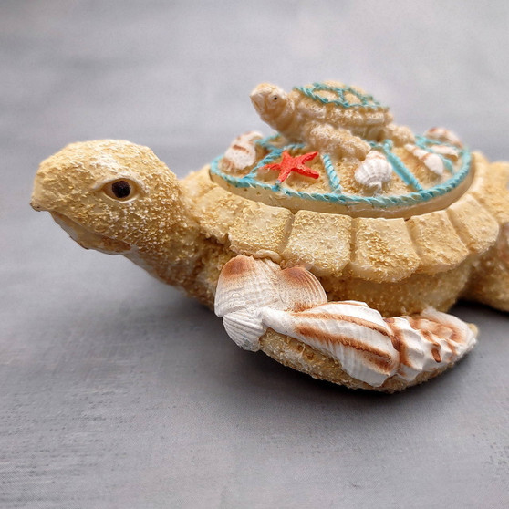 Sandy Sea Turtle With Baby Trinket Box (1 ring box approx. 4+ inches) Sandy Shell Resin Sea Turtle Keepsake Box for coastal home décor! Copyright 2025 SeaShellSupply.com.