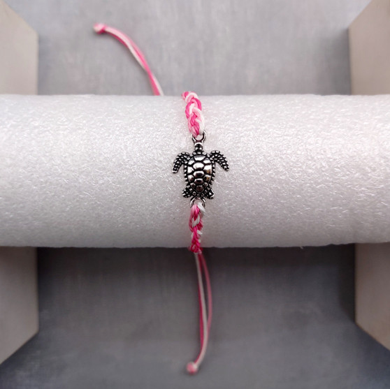 Sea Turtle Bracelet Braided Cord Magenta Pink White (approx. 5-7+ inches AROUND) Rose Blush White Knit String Sea Turtle Bracelet to gift! Copyright 2025 SeaShellSupply.com.
