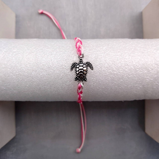 Sea Turtle Bracelet Braided Cord Magenta Pink White (approx. 5-7+ inches AROUND) Rose Blush White Knit String Sea Turtle Bracelet to gift! Copyright 2025 SeaShellSupply.com.