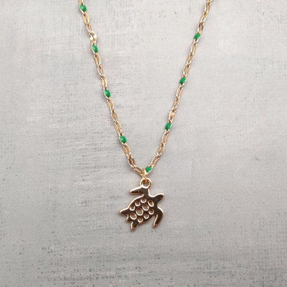Sea Turtle Necklace Green Gold Color (1 necklace approx. 16+ inches AROUND) Gold Tone Green Sea Turtle charm necklace for gifting! Copyright 2025 SeaShellSupply.com.