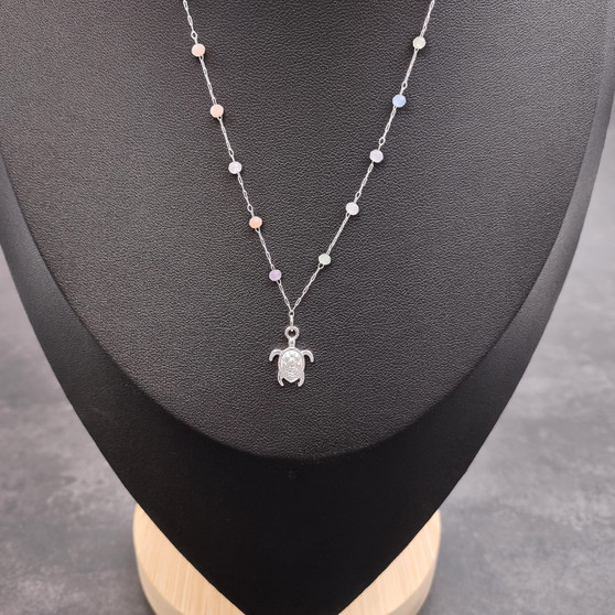 Sea Turtle Charm Necklace Delicate Pink Purple Beads Silver Color (approx. 14+ inches AROUND) Silver Sea Turtle Chain for resort wear! Copyright 2025 SeaShellSupply.com.