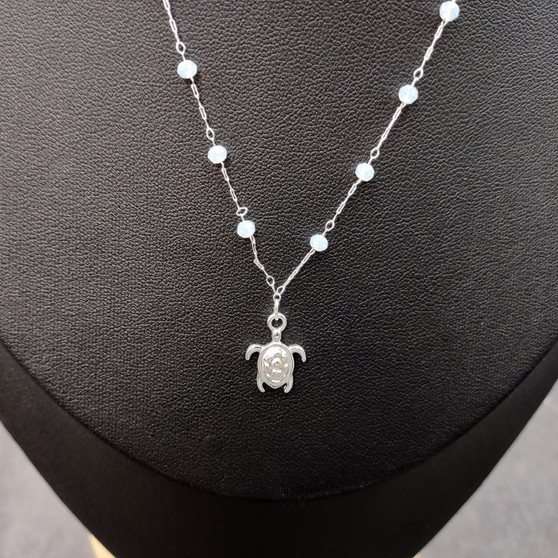Sea Turtle Charm Necklace Delicate White Beads Silver Color (approx. 14+ inches AROUND) White Beads Silver Sea Turtle Chain for resort wear! Copyright 2025 SeaShellSupply.com.