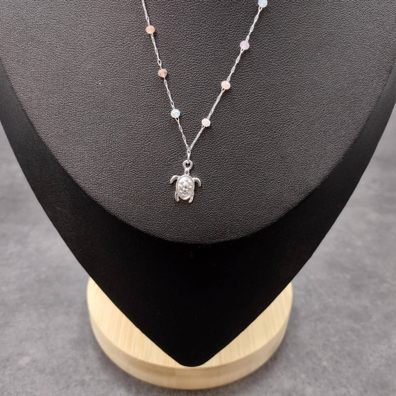 Sea Turtle Charm Necklace Delicate Pink Peach White Beads Silver Color (approx. 14+ inches AROUND) Sea Turtle Necklace for resort wear! Copyright 2025 SeaShellSupply.com.
