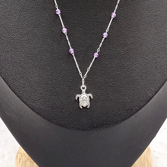 Sea Turtle Charm Necklace Delicate Purple Beads Silver Color (approx. 14+ inches AROUND) Violet Silver Sea Turtle Chain for resort wear! Copyright 2025 SeaShellSupply.com.