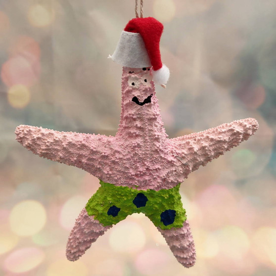Pink Cartoon Starfish Christmas Ornament (1 Seastar approx. 4+ inches) Hanging Xmas Tree Starfish Ornament for gifting & holiday decor! Copyright 2025 SeaShellSupply.com.