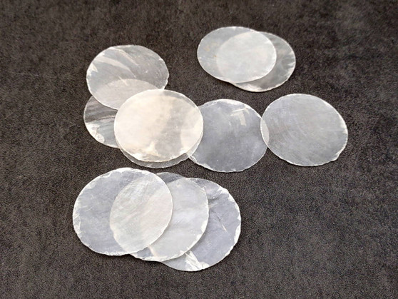 Capiz Round Cut Shells Placuna Placenta (10 approx. 1.5+ inches) Perfect shells for coastal crafting décor & collections! white translucent round thin sheets. Copyright 2024 SeaShellSupply.com