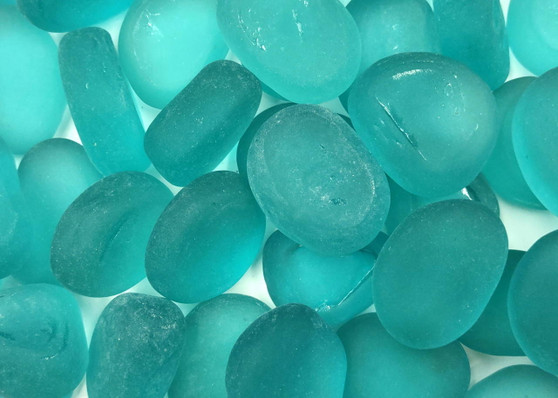 Beach Sea Glass Rounded Turquoise Blue Frosted Tumbled Pebbles (approx. 1 Kilogram or 2.2 lbs. 1-1.5 inch). Pile of blue turquoise Beach Glass pebbles. Copyright 2025 SeaShellSupply.com.