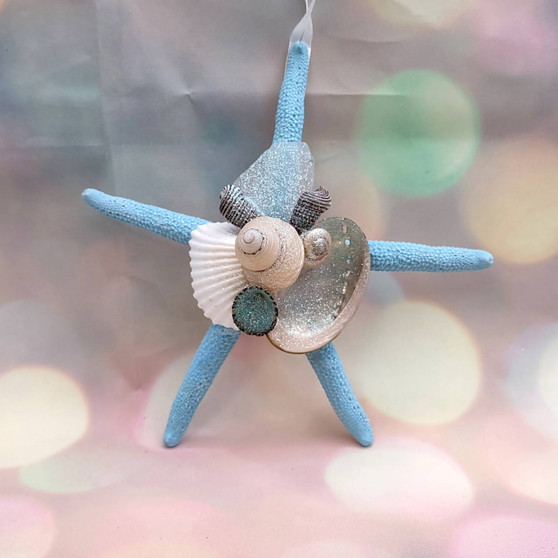 Blue Starfish Xmas Ornament Plus Shells Seaglass (1 seastar approx. 4-5+ inches) Christmas Starfish Ornament for seashell holiday gift joy! Copyright 2025 SeaShellSupply.com.