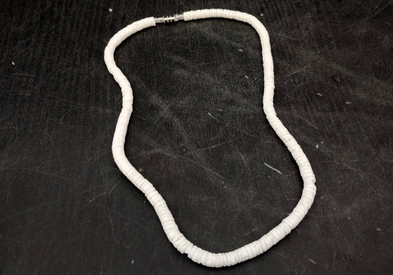 White Puka-Style Shell Necklace - (1 necklace 18 inches x 4-5mm) on blue background.  Copyright 2022 SeaShellSupply.com.
