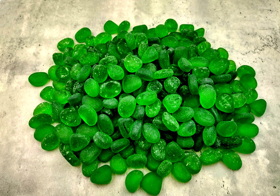 Beach Sea Glass Rounded Green Frosted Tumbled Pebbles (approx. 10 lbs. 1-1.5 inch). Green Beach Glass pebbles. Copyright 2022 SeaShellSupply.com.