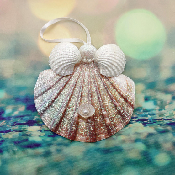 Flat Scallop Shell Angel With Arca Shell Wings (1 ornament approx. 3+ inches) Real Scallop Shell Xmas Hanging Ornament! Copyright 2025 SeaShellSupply.com