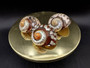 Polished South African Turban Seashell (3- 3.5 inches) - Turbo Sarmaticus. Multiple shells showing the brown and reflective pattern on the back and the others showing the opening and spiral. Copyright 2022 SeaShellSupply.com.