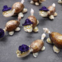 Cowrie Shell Sea Turtle Figurines Purple Hat (3 figures approx. 2+ inches) Cute Cowrie Seashell Sea Turtles for gifts decor & display! Copyright 2025 SeaShellSupply.com.