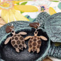 Wooden Sea Turtle Sea Glass Earrings (2 earrings approx. 1+ inches) Wood Sea Turtle Earrings Man Made Seaglass for beach fashion & gifts!