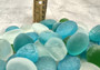 Beach Glass - Rounded Blue, Green & White Assorted Pebbles - (approx. 1 Kilogram/2.2 lbs. 1-1.5 inches). Multiple colored pebbles in a pile. Copyright 2025 SeaShellSupply.com.