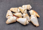 Strawberry Conch Seashells (10 pcs.) - Conomurex Luhuanus. Multiple white and tanned small shells in a pile. Copyright 2024 SeaShellSupply.com.