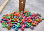 Dyed Umbonium Seashells - Button Top Shells - (approx. 1/2 Cup 210-230 shells 1/8-3/8 inches). Rainbow colored shells in pile. Copyright 2024 SeaShellSupply.com.