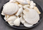 White and Cream Seashell Medium+ Wedding Mix - (1 Kilogram/2.2 lbs. 50-60 shells approx. 1-3 inches). Different sized and shaped shells in a pile, all white and textured. Copyright 2024 SeaShellSupply.com.