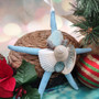 Blue Starfish Xmas Ornament Plus Shells Seaglass (1 seastar approx. 4-5+ inches) Christmas Starfish Ornament for seashell holiday gift joy! Copyright 2025 SeaShellSupply.com.