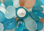Beach Glass - Rounded Blue, Peach & White Assorted Pebbles - (approx. 1 Kilogram/2.2 lbs. 1-1.5 inches). Multiple colored pebbles in a pile. Copyright 2025 SeaShellSupply.com.