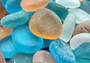 Beach Glass - Rounded Blue, Peach & White Assorted Pebbles - (approx. 1 Kilogram/2.2 lbs. 1-1.5 inches). Multiple colored pebbles in a pile. Copyright 2022 SeaShellSupply.com.